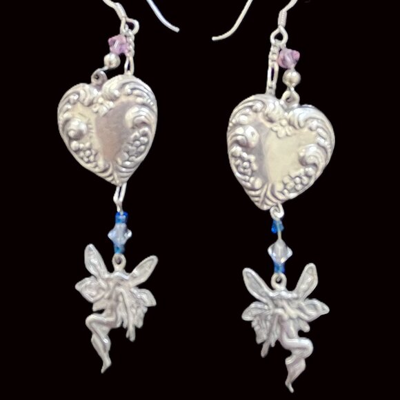 Vintage Sterling Silver Fairy Heart Dangle Earrings 925 Spring Whimsical Gift - Picture 4 of 11